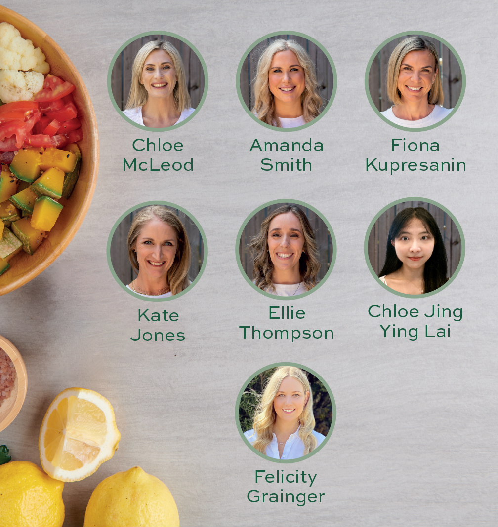 A joyful group of six women in a bowl, highlighting the positive impact of nutrition on mental health.