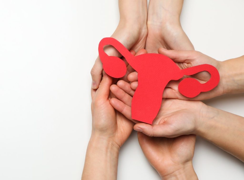 Hands gently hold a paper cutout of a uterus, symbolizing awareness and support for endometriosis nutrition and treatment.