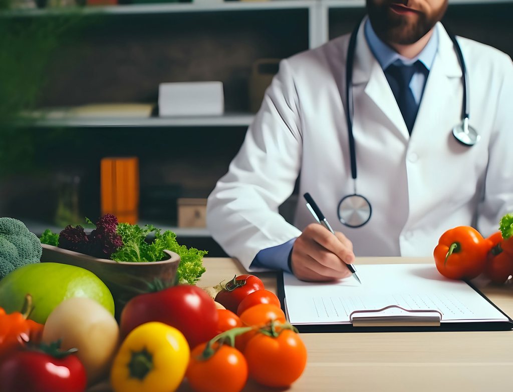 A dietitian writing on a clipboard, with fresh fruits and vegetables on the table